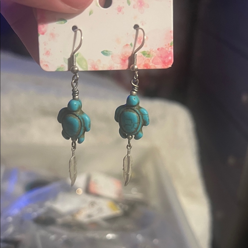 Turquoise Turtle Dangle Earrings with Silver Details